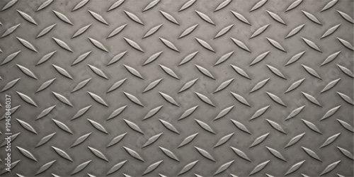 Seamless diamond plate metal texture features a shiny silver industrial steel pattern on a hard metallic aluminum sheet surface for construction and gray backdrop design