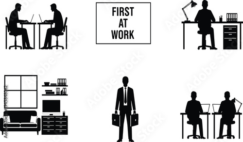 Black silhouettes of businessmen working at desks and furniture
