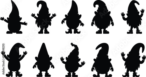 Set of ten black garden gnome silhouettes isolated on white background for garden and holiday designs