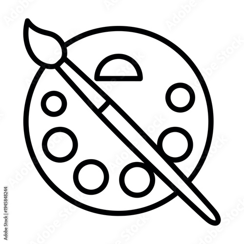 Minimalist Black and White Line Art Icon of Artist Palette and Paintbrush for Creative Design Projects