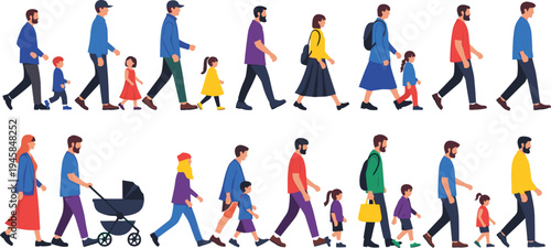 Flat walking people silhouettes, diverse men and women with children, parents with strollers, urban crowd collection, street walking activity, lifestyle vector