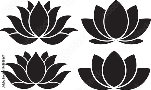 Set of Lotus Flower Silhouette Vector Illustration black and white