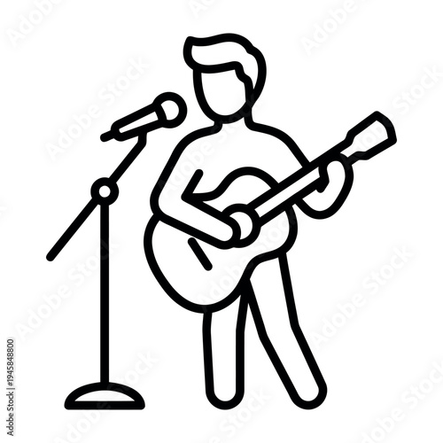 Minimalist Line Art Icon of a Male Musician Playing Guitar and Singing into Microphone