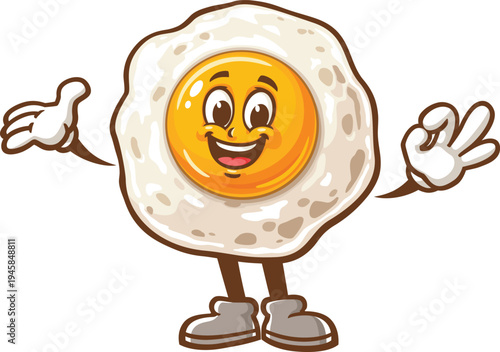 Fried egg cartoon mascot with welcoming pose