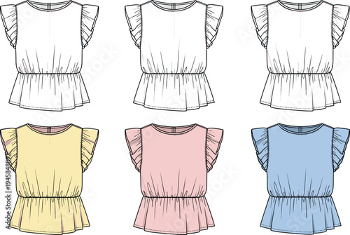 Women, ruffle, blouse, set, template, fashion, clothing, apparel, colorful, mockup, casual, top, garment, vector, illustration, stylish, design, outfit, collection, style