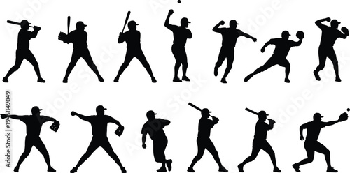 Silhouette collection of baseball players in dynamic action poses, including batting, pitching, and throwing, representing sports motion, athletic performance, and competitive game concept ill