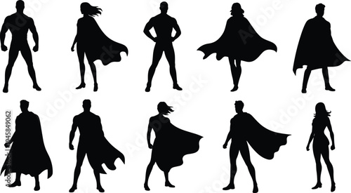 Superhero silhouette collection featuring brave male and female heroes wearing capes standing in heroic and powerful poses.