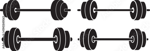 Set of Barbell with Weight Plates Silhouette Vector Illustration black and white