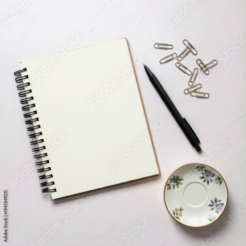 Open notebook with blank pages placed on a desk with pen. Concept of study, writing, planning and education