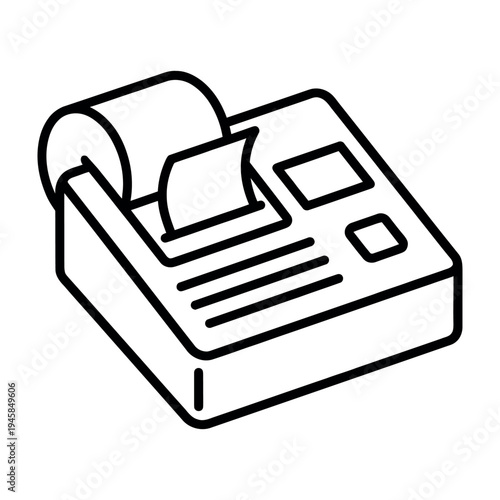 Black and white line art icon of a receipt printer for business transactions.