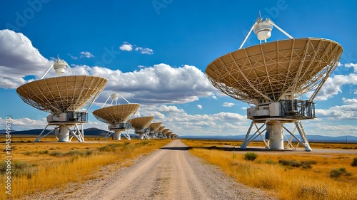 Large radio telescope satellite dishes in field for space communication technology