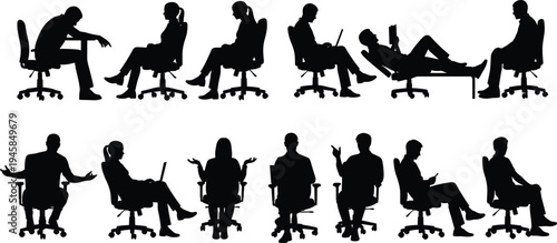 Silhouette set of office workers sitting on chairs in diverse postures and activities, showing gestures, emotions, and workplace behavior for business, corporate, and communication concepts
