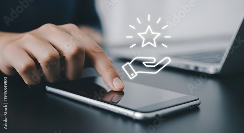 Close-up of a hand using a smartphone with a reward and loyalty icon, symbolizing point redemption, cashback offers, promo benefits, and digital membership programs.