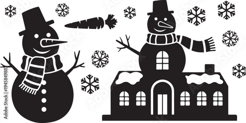 Two Snowmen Standing in Front of a House Silhouette