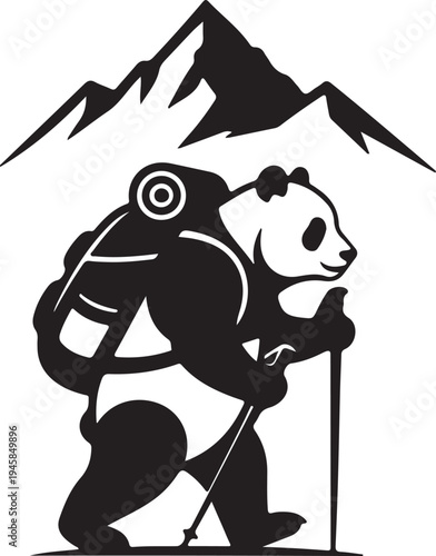 Panda hiker with backpack and trekking poles near mountains, adventure art