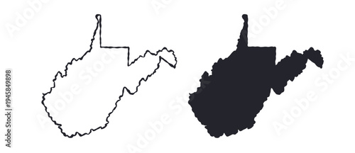 West Virginia USA state map silhouette and outline map. Vector shapes of us state, isolated on white. Perfect for infographics, geography design, education, and maps.