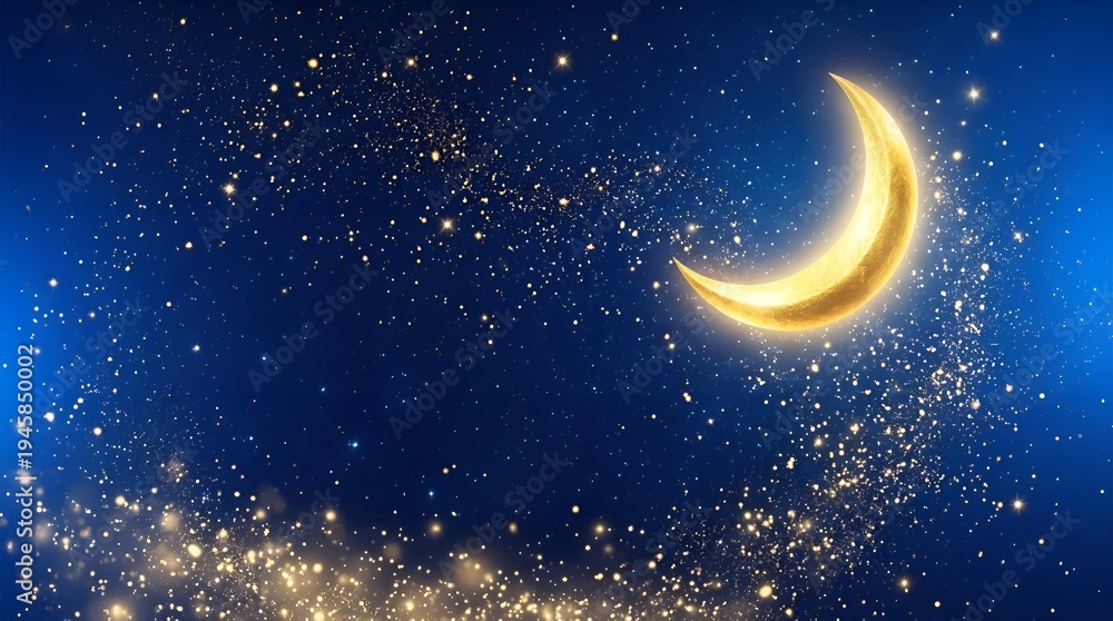 Fototapeta premium Glowing crescent moon in a starry night sky with sparkling gold glitter