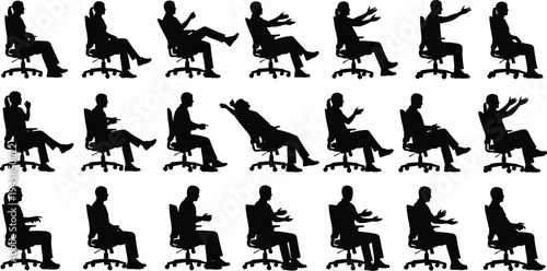 Silhouette set of office worker sitting on chair in multiple expressive poses, showing gestures, emotions, and reactions for business, workplace, and corporate concept illustrations