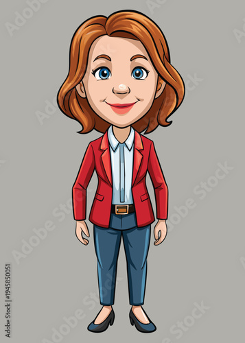 A cartoon woman in a red blazer and blue pants stands in a neutral setting.