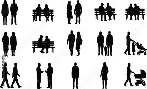 Black silhouettes of people in various poses and settings walking sitting standing