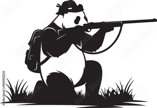 Panda hunter crouches with rifle, tactical outdoor illustration