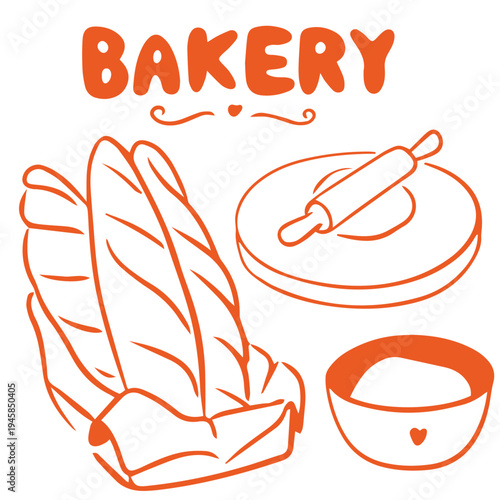 Bakery hand drawn doodle with baguette rolling pin dough bowl baking illustration