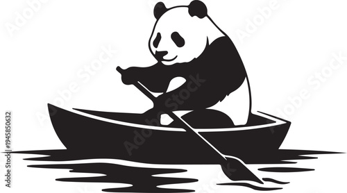 Panda rowing boat on water with oar with black and white