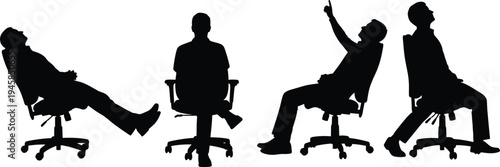 Silhouette illustration of office workers seated in swivel chairs showing different postures and gestures, symbolizing workplace ergonomics, comfort, communication, tyle.
