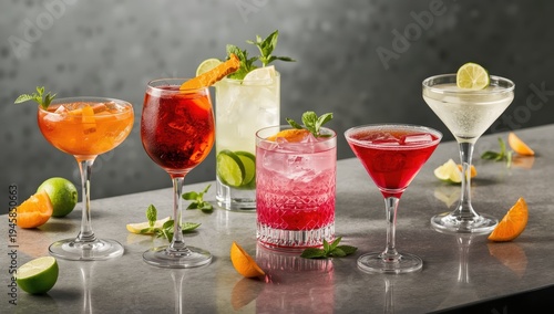 Trendy cocktails collection: aperol spritz, negroni, mojito, gin tonic, cosmopolitan against gray bar backdrop