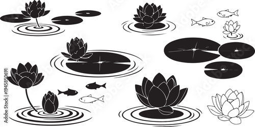 Black and white lotus flowers and fish illustration set