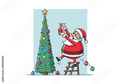 A jolly cartoon Santa Claus decorating a Christmas tree with colorful ornaments on a ladder against a light blue background.