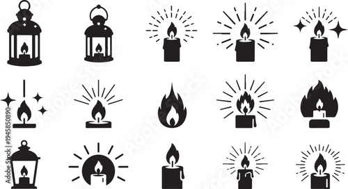 Black and white icons of lanterns and flames burning