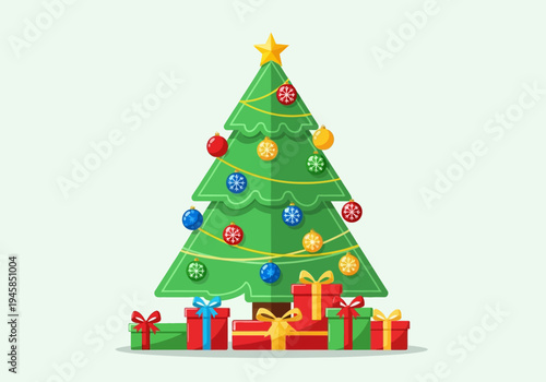 A colorful Christmas tree with a star on top stands amidst wrapped gifts in various colors against a light green background