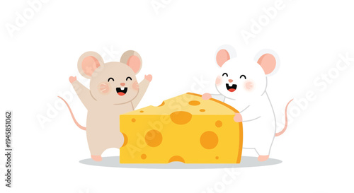Two Happy Cartoon Mice Excitedly Discovering a Large Piece of Cheese.