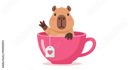 Fotografie Cute Capybara Waving From Inside a Pink Teacup.