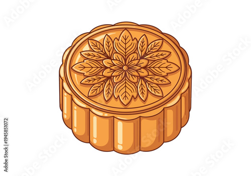 An orange-colored mooncake with a floral design on top against a white background.