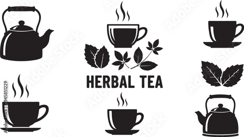 Herbal Tea Concept with Cups and Kettles Silhouette Illustration