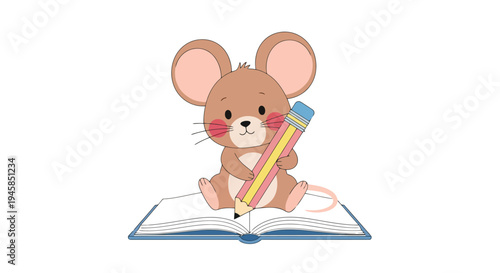 Cute cartoon mouse writing in an open book with a pencil.