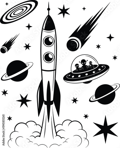 Rocket launching in outer space illustration, flying saucer with aliens, planets stars comets, science fiction artwork, cosmic exploration fantasy drawing