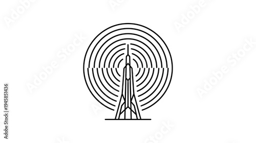Minimalist black and white line art logo representing a broadcasting tower emitting radio waves or signal concepts