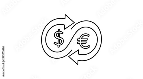 A black outline icon depicting the continuous exchange of dollar and euro currencies, symbolizing global financial transactions and international trade.