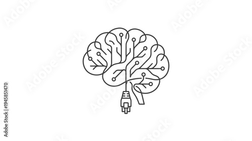 Abstract line art depicting a stylized human brain interconnected with a digital network cable for artificial intelligence concepts.