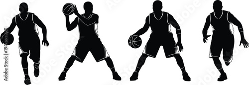 Silhouette illustration of basketball players in dynamic action poses such as dribbling, passing, and shooting, symbolizing sports, fitness, teamwork, competition, and athletic performance.
