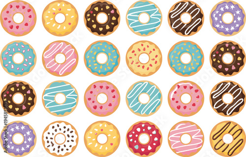 vector set of assorted frosted donuts featuring various colorful glazes sprinkles and toppings for bakery and dessert branding
