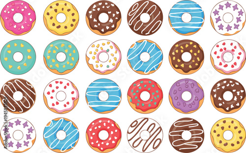 vector set of assorted frosted donuts featuring various colorful glazes sprinkles and toppings for bakery and dessert branding