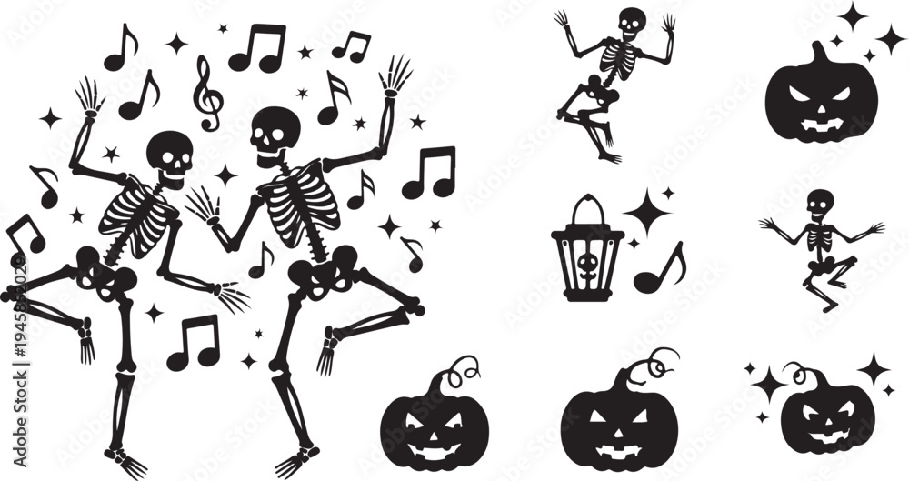 Obraz premium Halloween skeletons dancing with music notes and pumpkins icons