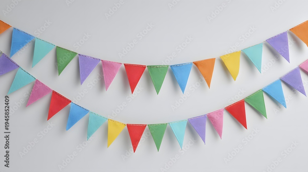 Obraz premium Colorful Triangle Bunting Flags Hanging on a White Wall.