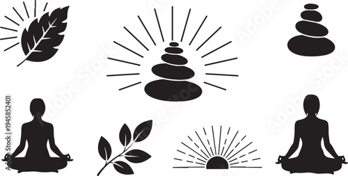 Meditation and yoga practice with nature elements in silhouette