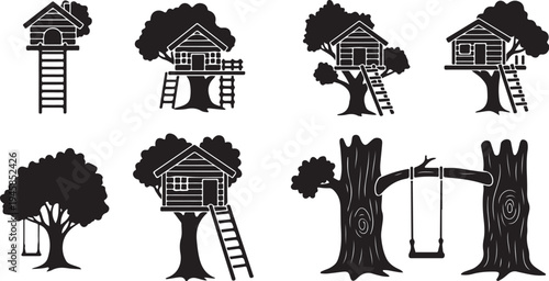 Treehouse and tree silhouettes with swings and ladders illustration