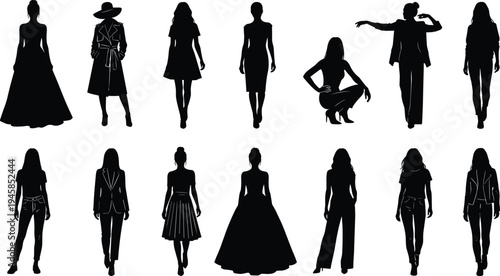 Set of professional female fashion silhouettes wearing various stylish outfits including evening gowns, trench coats, casual jeans, office suits, and modern streetwear apparel